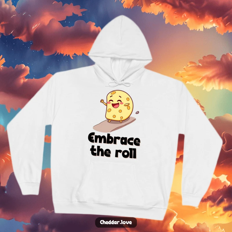 Funny Hoodie: A cheese wheel with a mischievous grin rolls downhill at full speed, radiating fun and freedom.