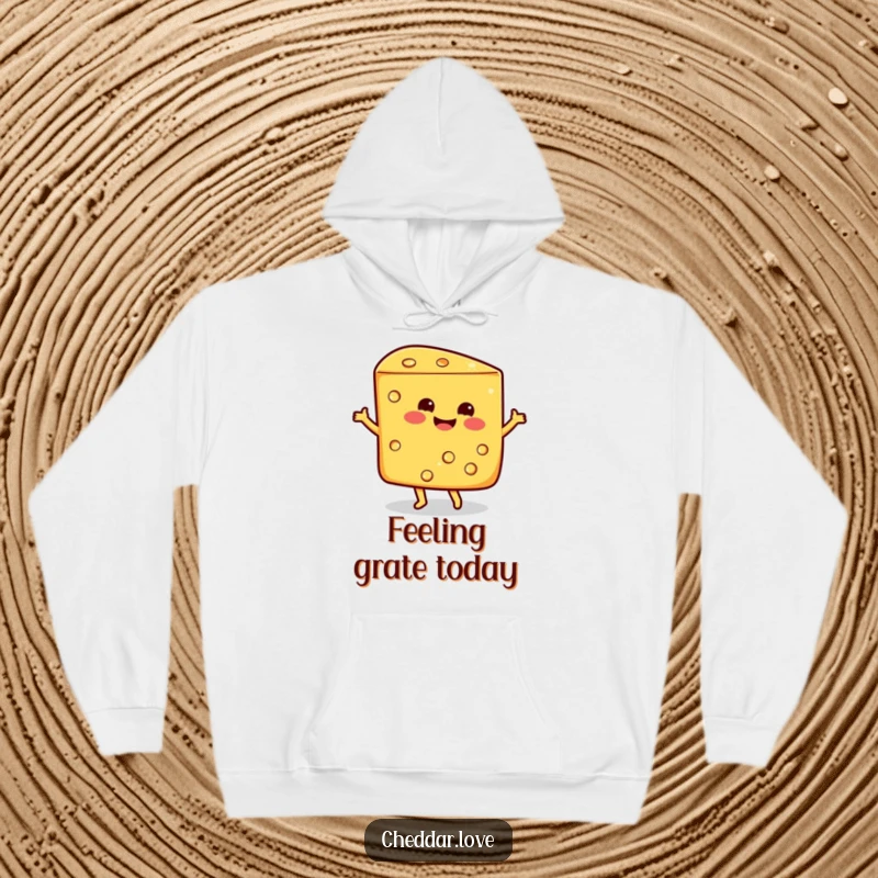 Funny smiling wedge of cheddar cheese doing a happy dance, depicted on a warm and humorous hoodie.
