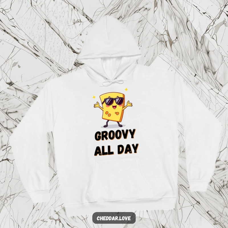 Funny hoodie with a slice of cheese in sunglasses striking a disco pose, perfect for staying warm and stylish.
