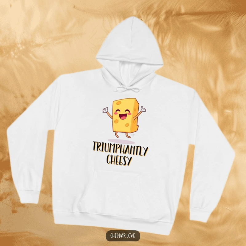 Funny grinning cheddar cheese slice dancing heartily, a warm and humorous hoodie.