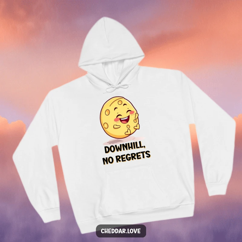 Funny hoodie depicting a happy cheese wheel rolling downhill with a mischievous grin, perfect for a cozy, fun vibe.