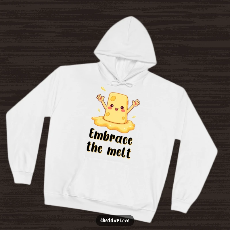 Funny hoodie depicting a melted cheese puddle waving enthusiastically, designed for maximum comfort and humor.