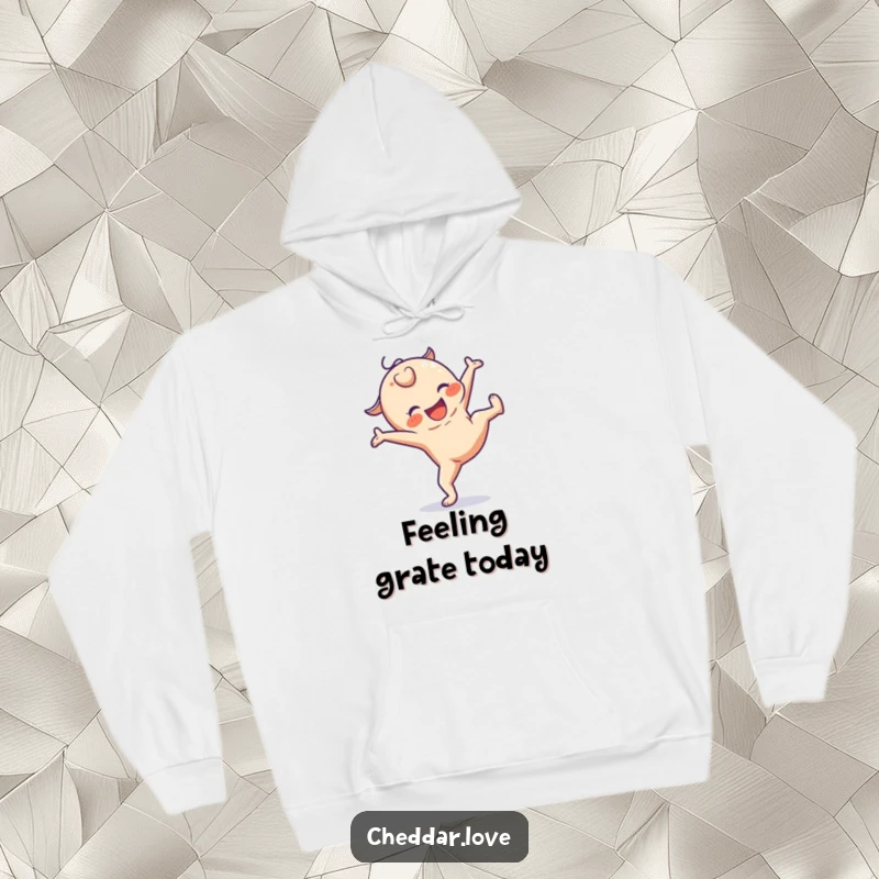 Funny, comfortable hoodie featuring a happy cheese character doing a cartwheel, perfect for staying warm and cheerful.