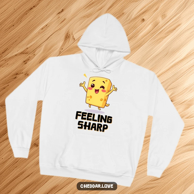 Funny cheese hoodie featuring a grinning cheese wedge dancing triumphantly, offering cozy humor for foodies and a great funny gift.