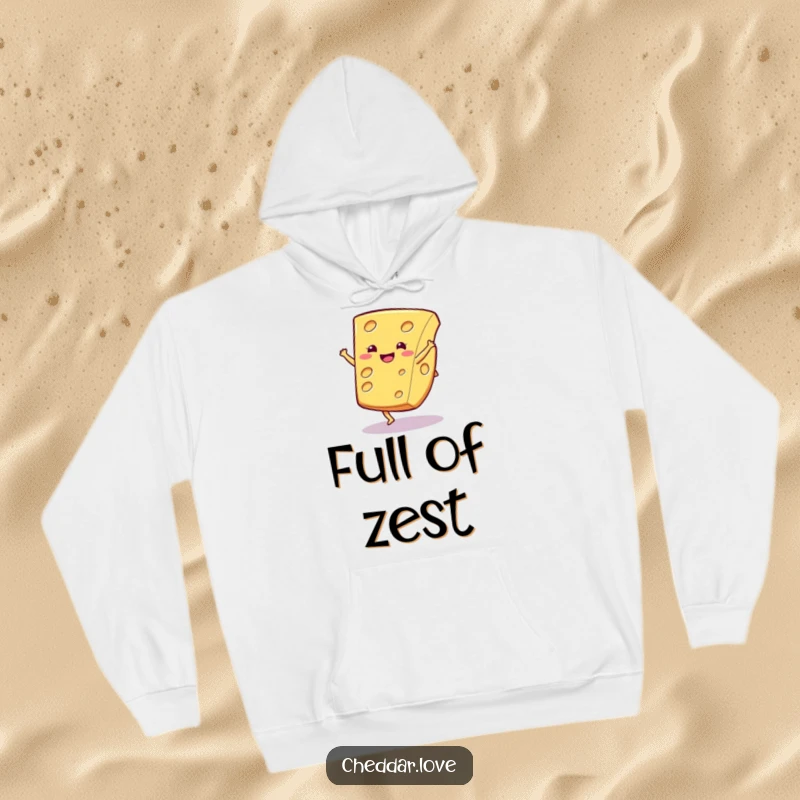 Funny cheese hoodie, a smiling cheese slice performing a cartwheel, designed for comfort and playful vibes.