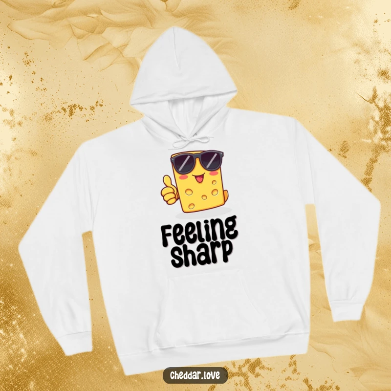 Funny cheddar cheese slice wearing sunglasses, giving a thumbs-up, on a hoodie, conveying chill vibes and humor.