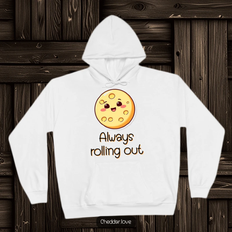 Funny cheese hoodie showcasing a circular cheese character in mid-bounce, radiating cheerful energy, ideal for dairy fans and humor seekers.