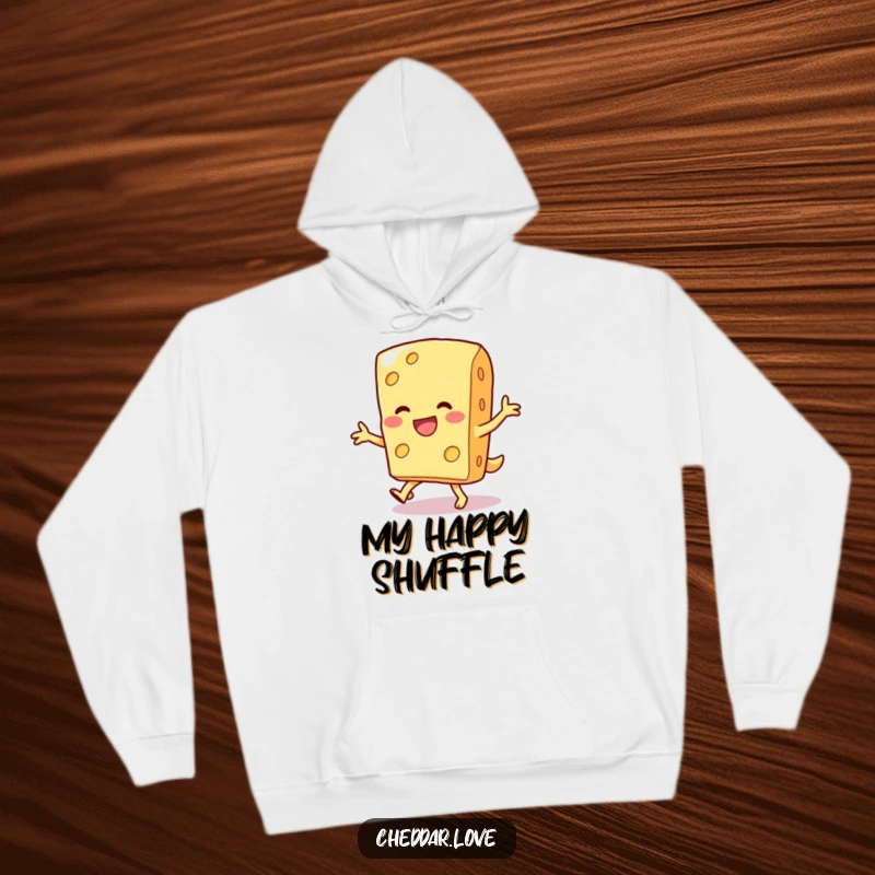 Funny hoodie depicting a smiling cheese wedge doing a silly dance, perfect for comfortable, humorous lounging.