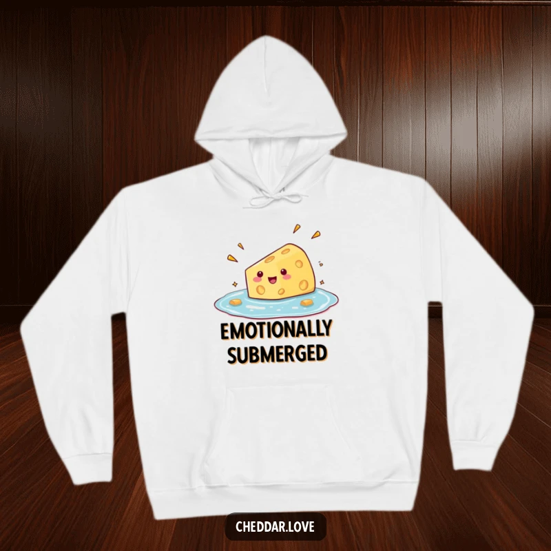 Funny hoodie depicting a cheese wedge comically diving into a pool of glee, radiating happiness and fun.