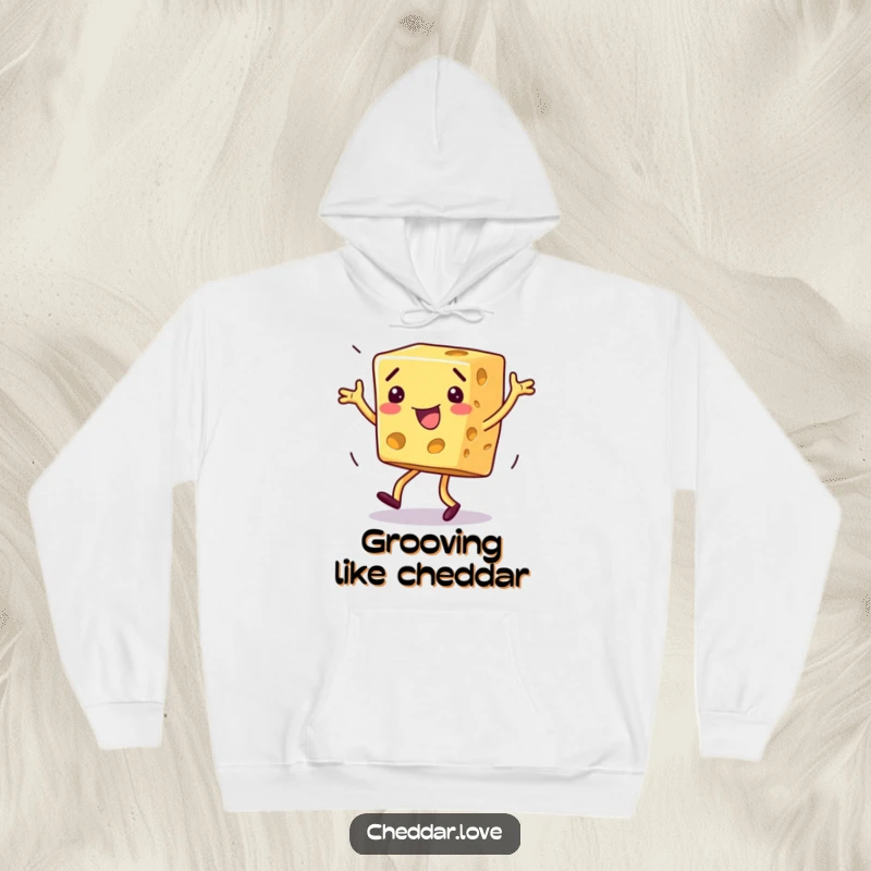 Funny dancing cheese hoodie, a block of cheese in mid-dance, limbs flailing joyfully, radiating infectious energy.