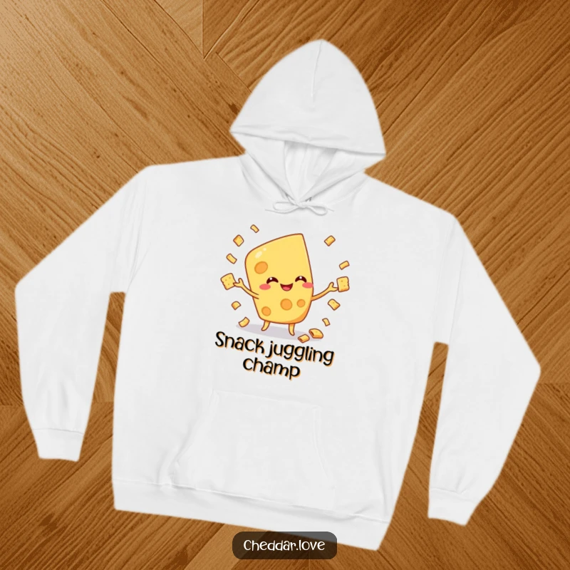 Funny hoodie depicting a smiling cheese character deftly juggling small crackers, perfect for cozying up with a snack.