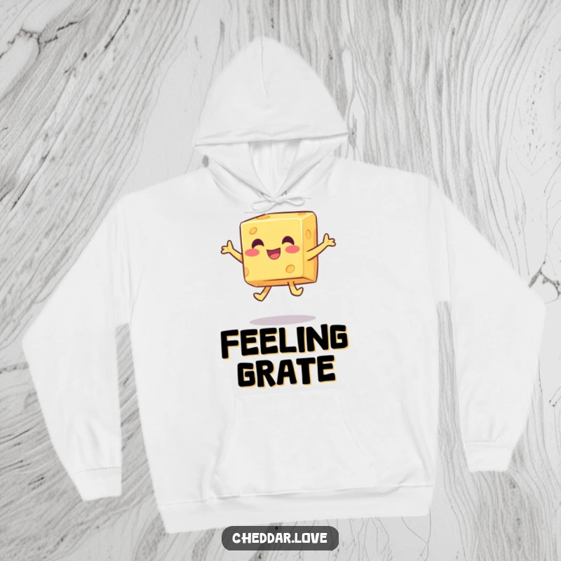 Funny happy cheese cube performing a playful jump, featured on a soft and funny hoodie.