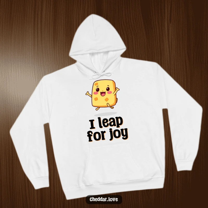 Funny Hoodie featuring a lively piece of cheese with legs, captured mid-air in an enthusiastic jump.