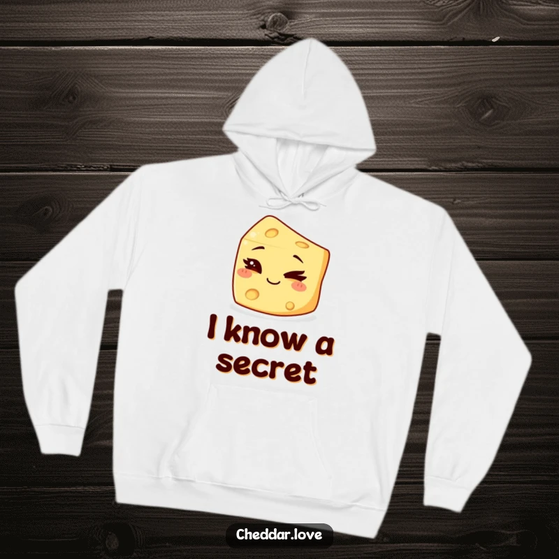 Funny Hoodie featuring a chunk of cheese winking with a mischievous smile, hinting at playful secrets.