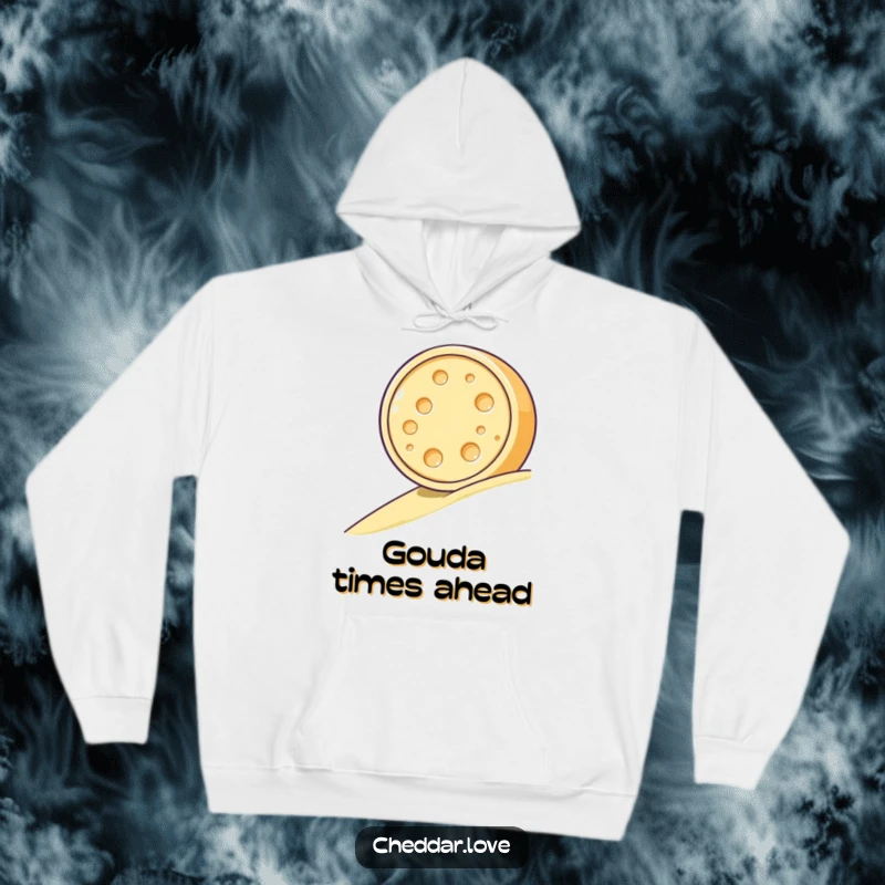Funny hoodie featuring a cheerful cheese wheel rolling down a hill, bringing smiles with its happy and adventurous spirit.