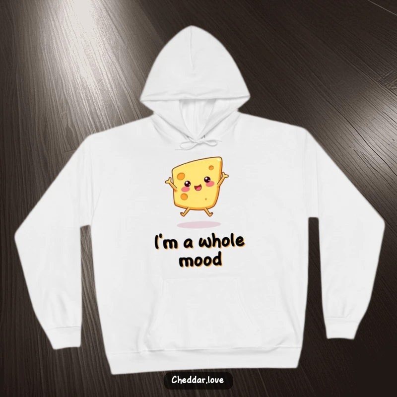 Funny hoodie depicting a happy wedge of cheese mid-cartwheel, radiating joy and playful energy for cozy wear.