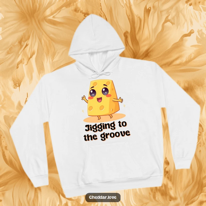 Funny Cheddar Cheese Hoodie, googly-eyed wedge doing a lively jig, offering ultimate comfort and cheer.
