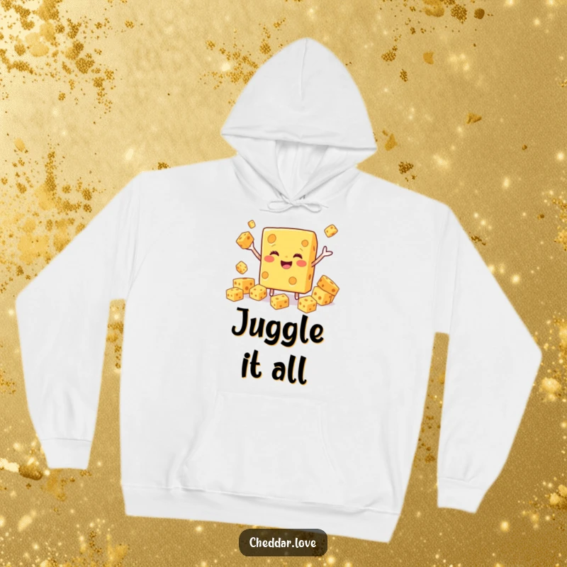 Funny Cheddar Cheese Hoodie showing a cheerful block juggling cheese cubes, combining warmth and humor perfectly.