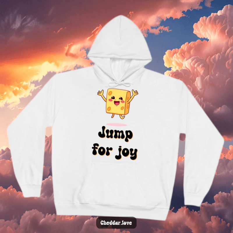 Funny smiley block of cheddar cheese doing a joyful jump on this warm and cozy hoodie.