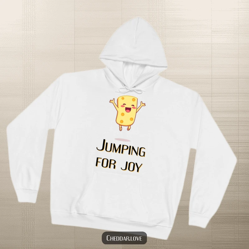 Funny hoodie depicting a joyful cheese chunk leaping exuberantly in the air, radiating pure excitement and cheesy happiness.