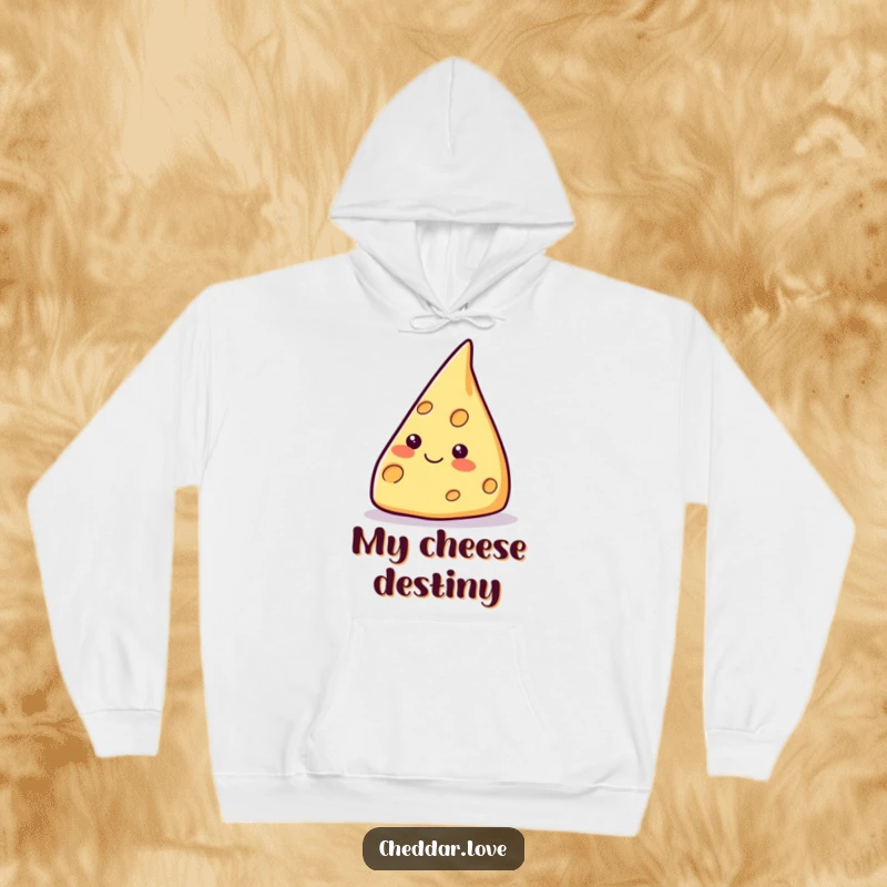 Funny smiling cheese wedge hoodie, pointing upwards with conviction, designed for warmth and motivational comfort.