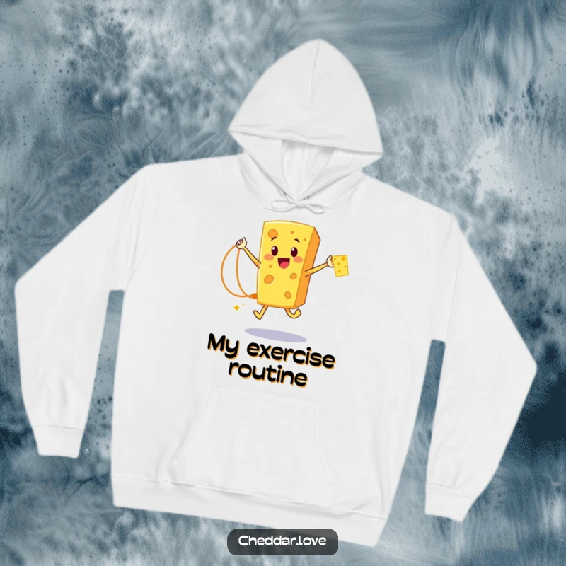 Funny Cheddar Cheese Hoodie: A happy cartoon cheese character jumping rope with a cheese strand, looking athletic and cheerful.