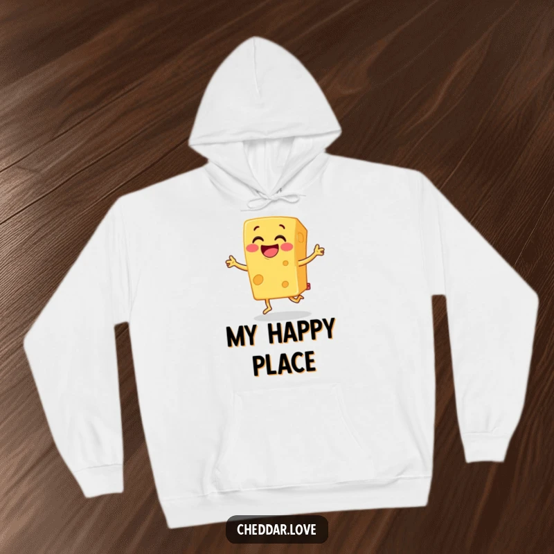 Funny cheddar cheese hoodie, a block of grinning cheese doing a joyful jig, perfect for cozying up with a smile.