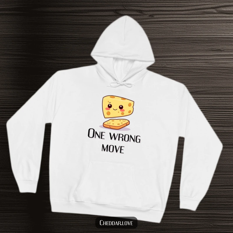 Funny hoodie featuring a happy cheese slice character in a precarious balance atop a cracker, symbolizing delightful absurdity.