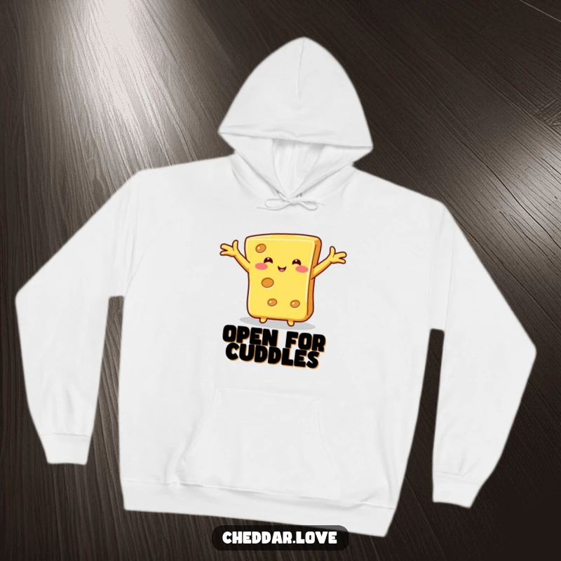 Funny cheese hug hoodie, a slice of cheese with outstretched arms, ready for a hug, perfect for cozying up with love.