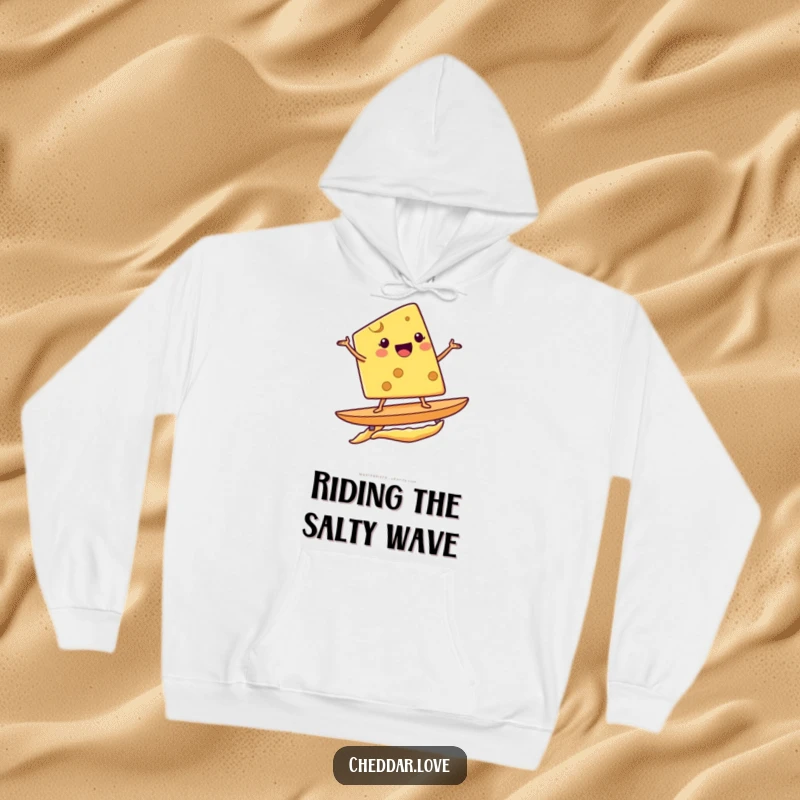 Funny hoodie depicting a beaming cheese wedge masterfully surfing a potato chip, radiating fun and excitement.