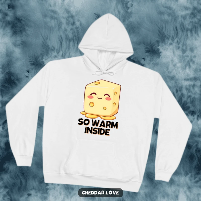 Funny block of cheese with eyes closed, happily melting, on a cozy hoodie, a funny gift.