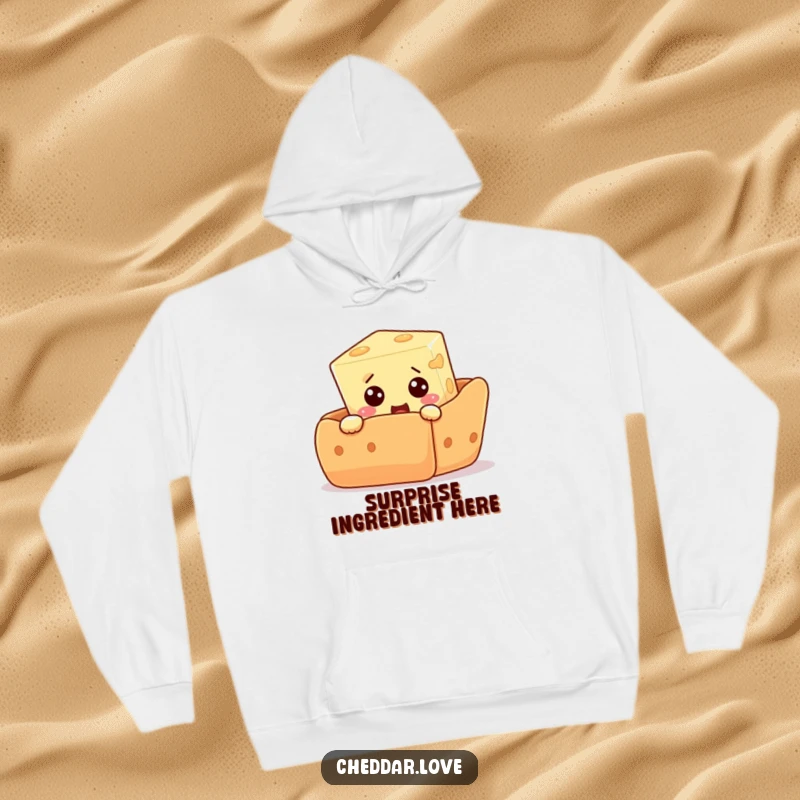 Funny hoodie depicting a curious cheese cube peeking out from behind a giant cracker, with an expression of comical surprise and delight.