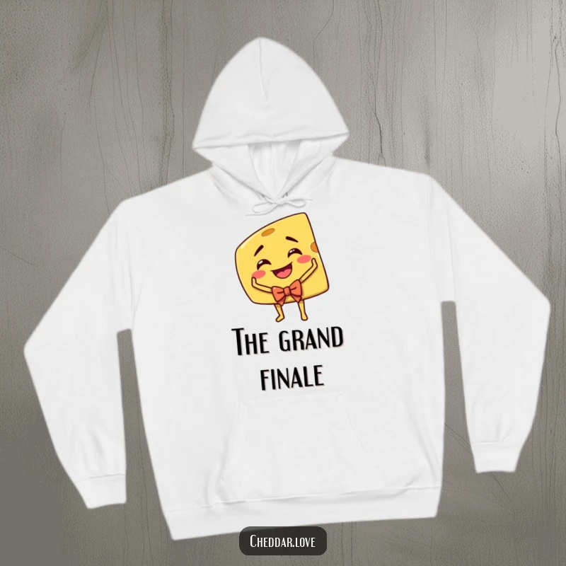 Funny Cheddar Cheese Hoodie: A grinning cheese wedge taking a dramatic bow, symbolizing performance and cheese-lover elegance.