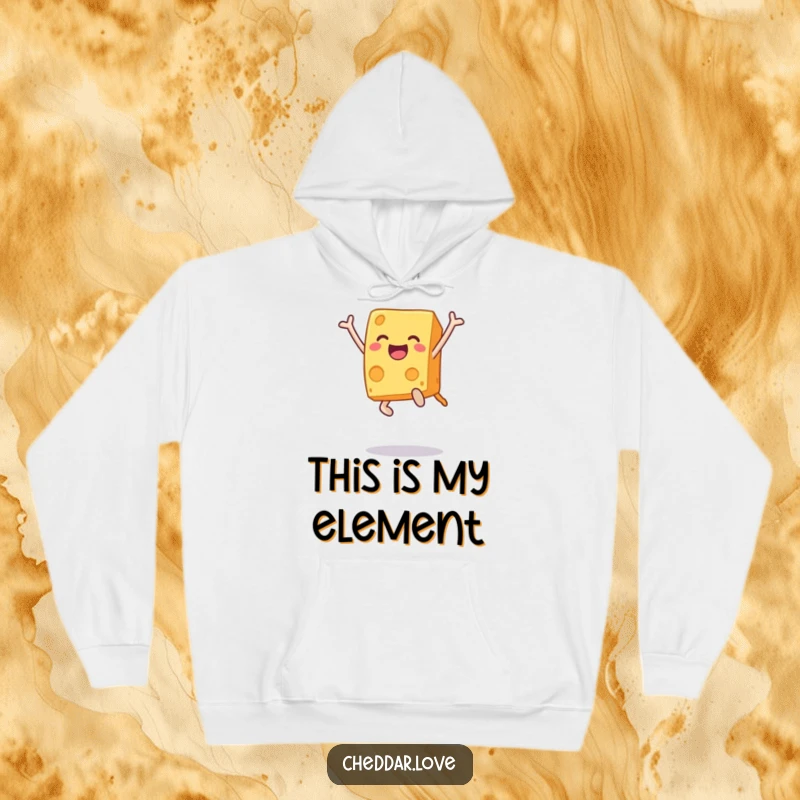 Funny hoodie featuring an ecstatic cheese block caught in a joyful leap, radiating pure happiness. A great funny gift idea.