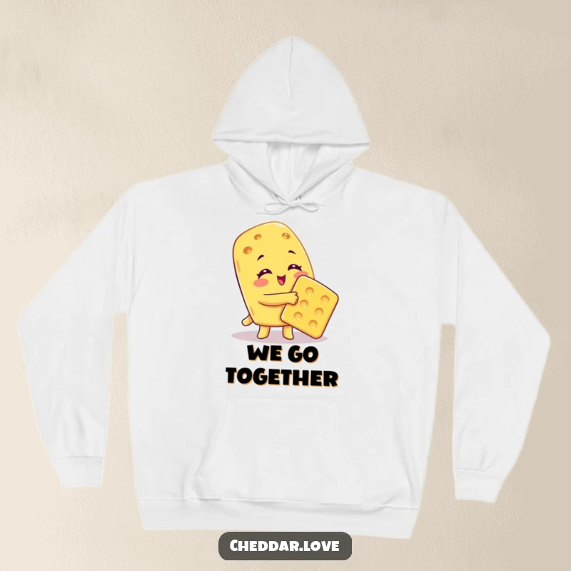 Funny Hoodie featuring a cheese character giving a big, affectionate hug to a cracker, radiating warmth.