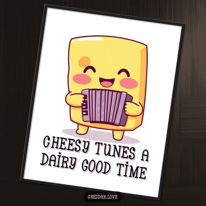 Funny Free Printable Wall Art: Smiling cheddar cheese enthusiastically playing a tiny accordion, whimsical, musical.