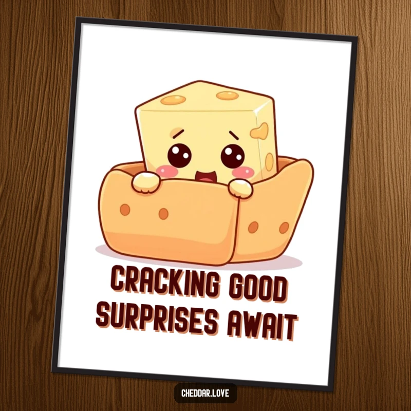 Funny Free Printable Wall Art: A curious cheese cube peeking from behind a giant cracker, eyes wide with surprise.