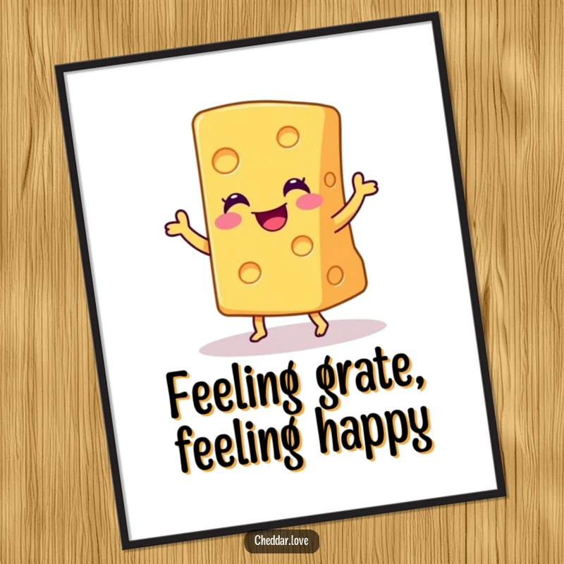 Funny Free Printable Wall Art: Smiling cheddar cheese wedge doing a joyful little dance, happy decor.