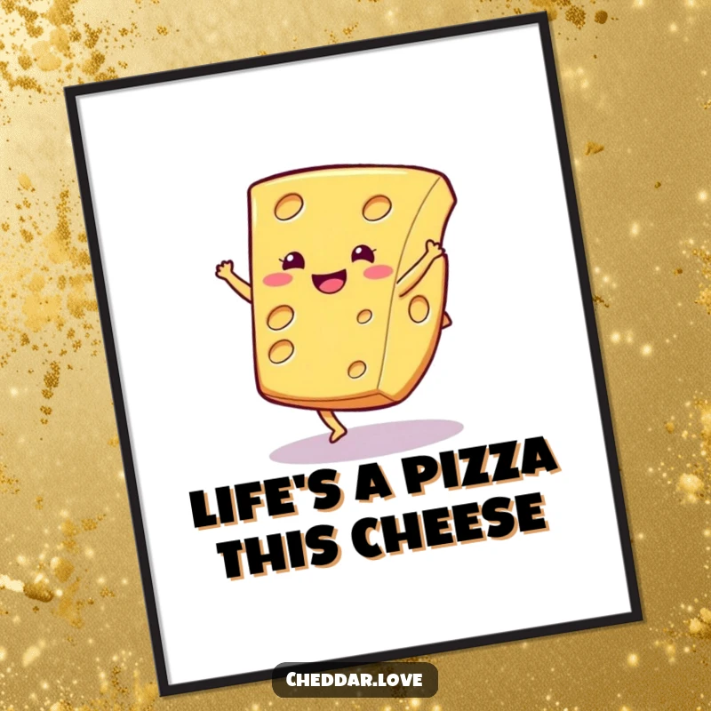 Funny Free Printable Wall Art: A happy cheese slice captured mid-cartwheel, showcasing playful energy and fun.