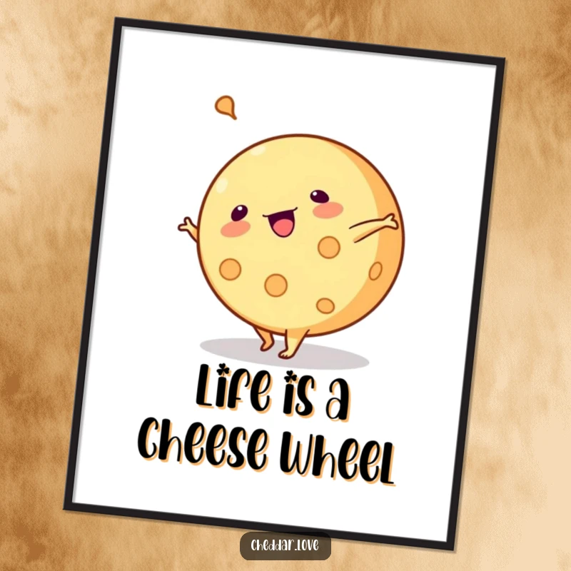 Funny free printable wall art: A round of cheese is captured mid-cartwheel, full of motion and dairy delight. Sporty cheese.