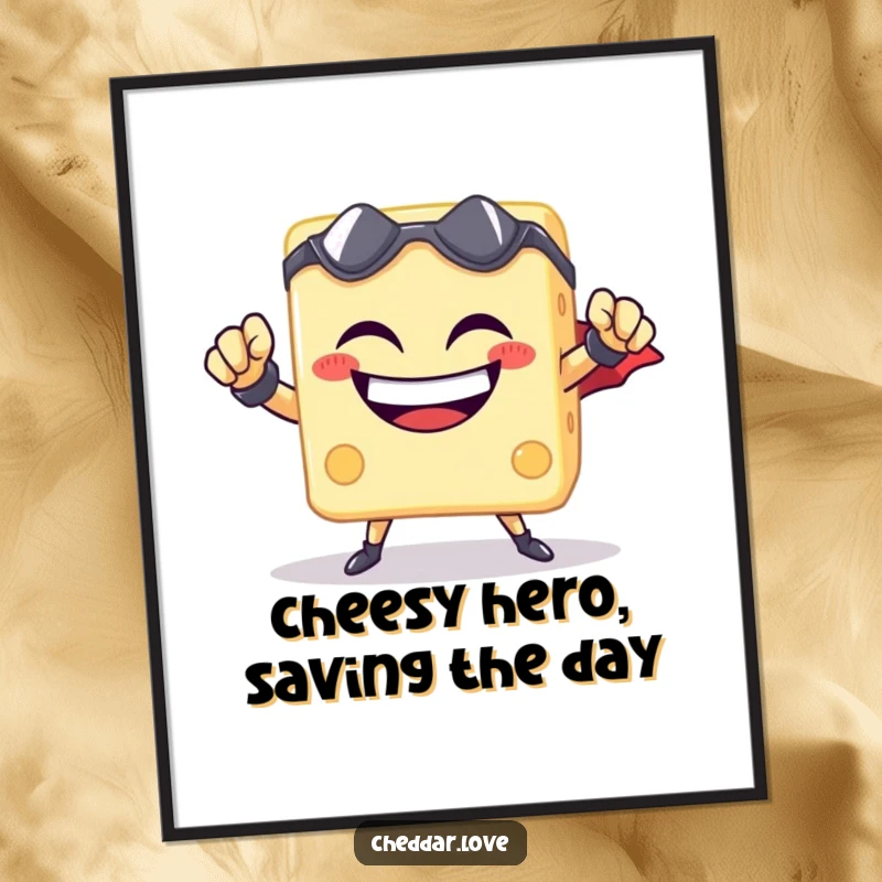 Funny Free Printable Wall Art: a grinning cheese cube striking a heroic superhero pose, adding a funny touch to any room.