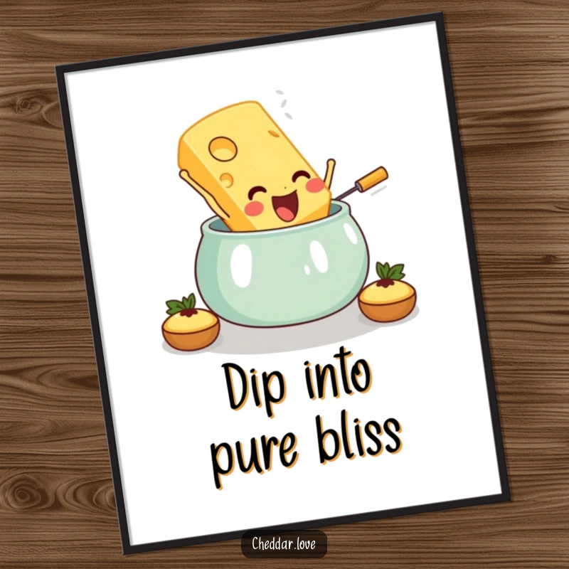Funny Free Printable Wall Art of a gleeful cheese slice making a daring dive into a steaming fondue pot.