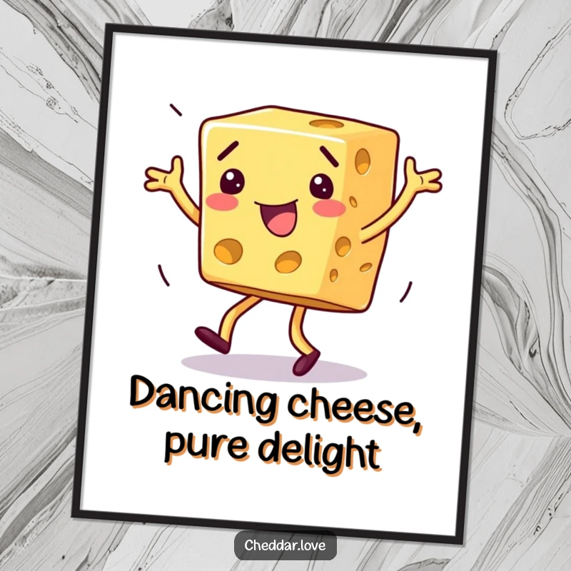 Funny Free Printable Wall Art: a block of cheese performing a silly, exaggerated dance, bringing humorous energy to the room.