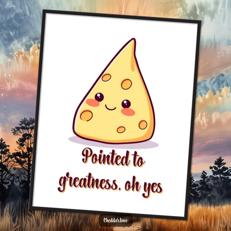 Funny Free Printable Wall Art: a smiling cheese wedge dramatically pointing upwards, adding a humorous and aspirational touch.