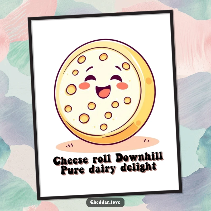 Funny Free Printable Wall Art: A happy cheese wheel is depicted rolling downhill with pure delight.