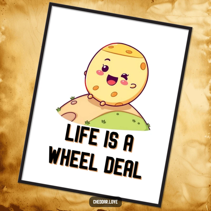 Funny Free Printable Wall Art: A happy cheese wheel makes a joyful descent down a hill. Quirky, downloadable decor.