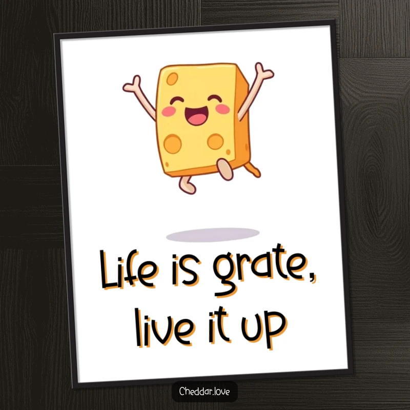 Funny Free Printable Wall Art: A cheese block caught mid-leap, radiating pure, uninhibited joy and cheesy exuberance.