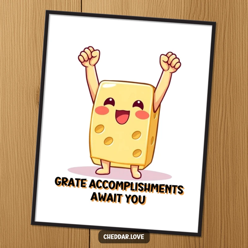 Funny Free Printable Wall Art: A joyful cheese wedge triumphantly raising its arms in a victory pose.