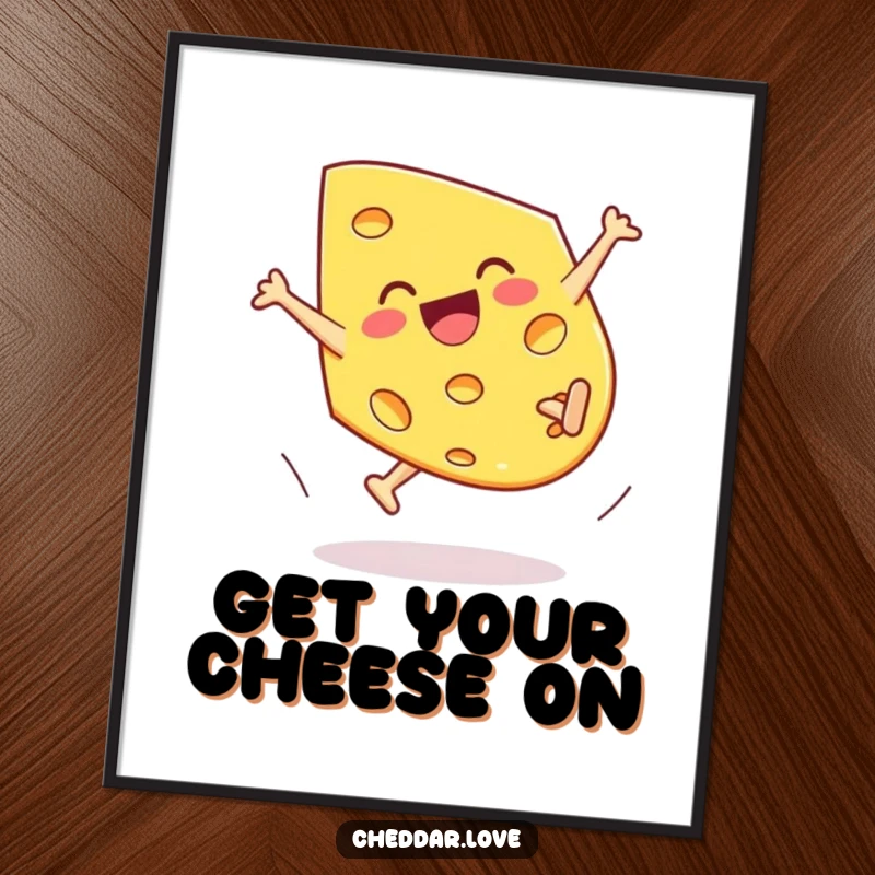 Free Printable Wall Art: Cheddar cheese piece performing an energetic cartwheel with joyful abandon, adding a playful touch to decor.