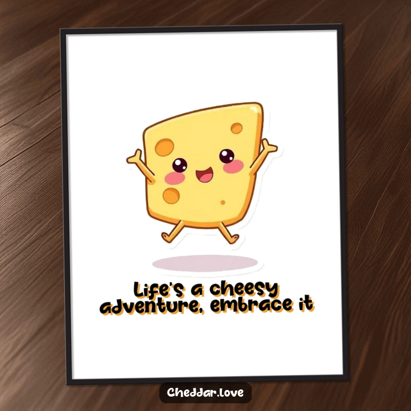 Funny Free Printable Wall Art of a happy cheese wedge doing a cartwheel, perfect for humorous DIY home decor.